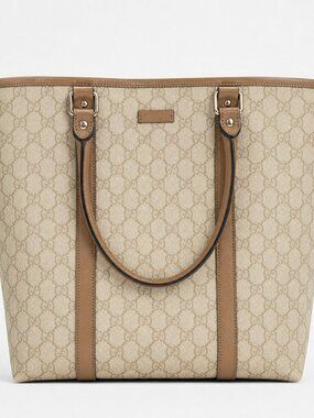 Gucci GG Canvas Beige Leather Trim Large Tote Bag Authentic